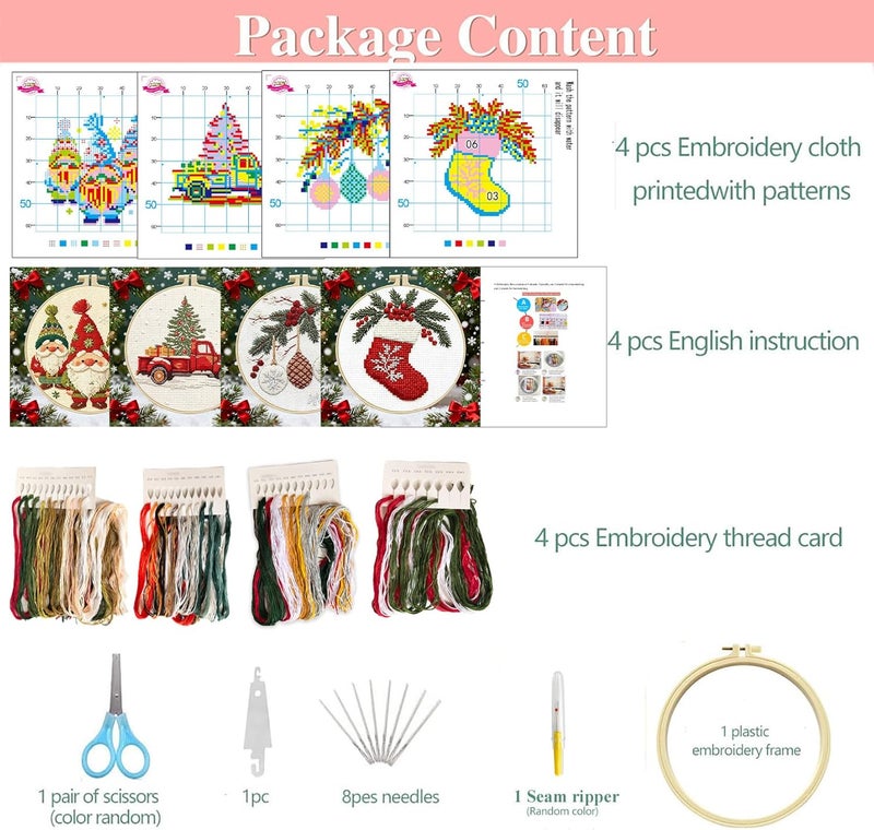 Zhenqing 11CT Stamped Cross Stitch Kit for Adults Beginners, Hand Embroidery Christmas Ornaments with Hoops and Instructions - Four-Piece Stocking Set (68448) - Image 2